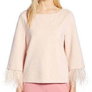 halogen Removable Feather Ostrich Sleeve Trim Ponte Top Blush Sz S